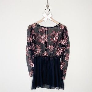 Black Sheer Puff Sleeve pink Floral Sparkle Tunic Dress